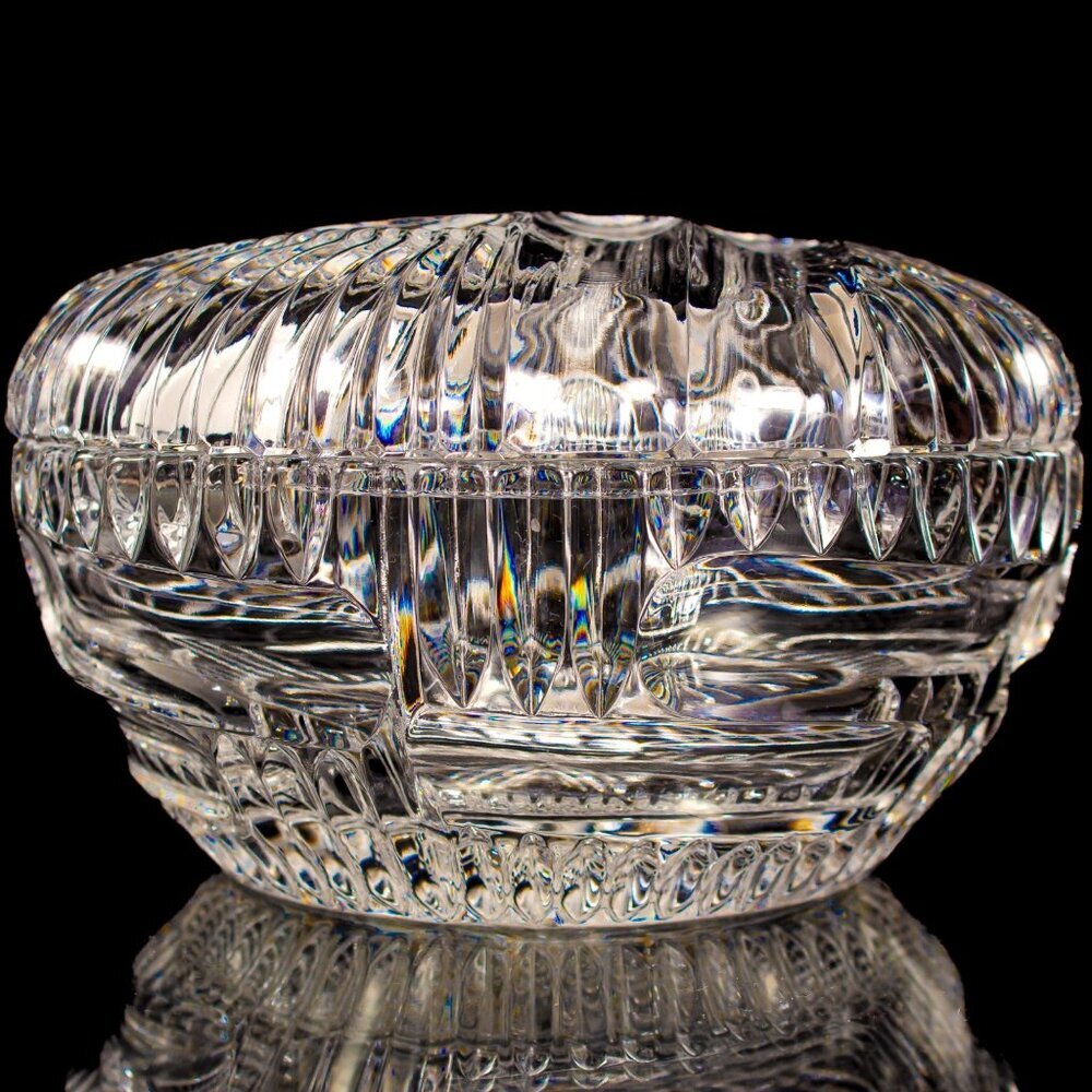 Vintage Bohemian Crystal Lidded Box Hand-Cut Design Clear Decorative Glass
